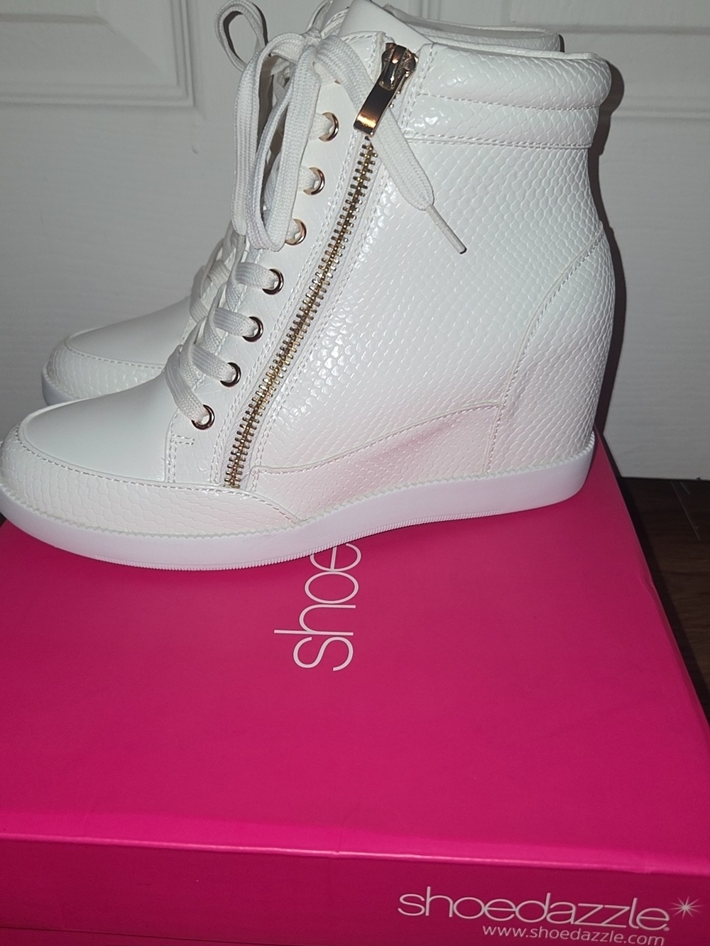 Shoe Dazzle White High-Top Wedge Sneakers with Gold Zip Detail